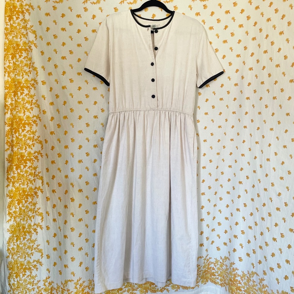 Vintage Orvis Linen Midi Dress Cottagecore Prairie Elastic Waist